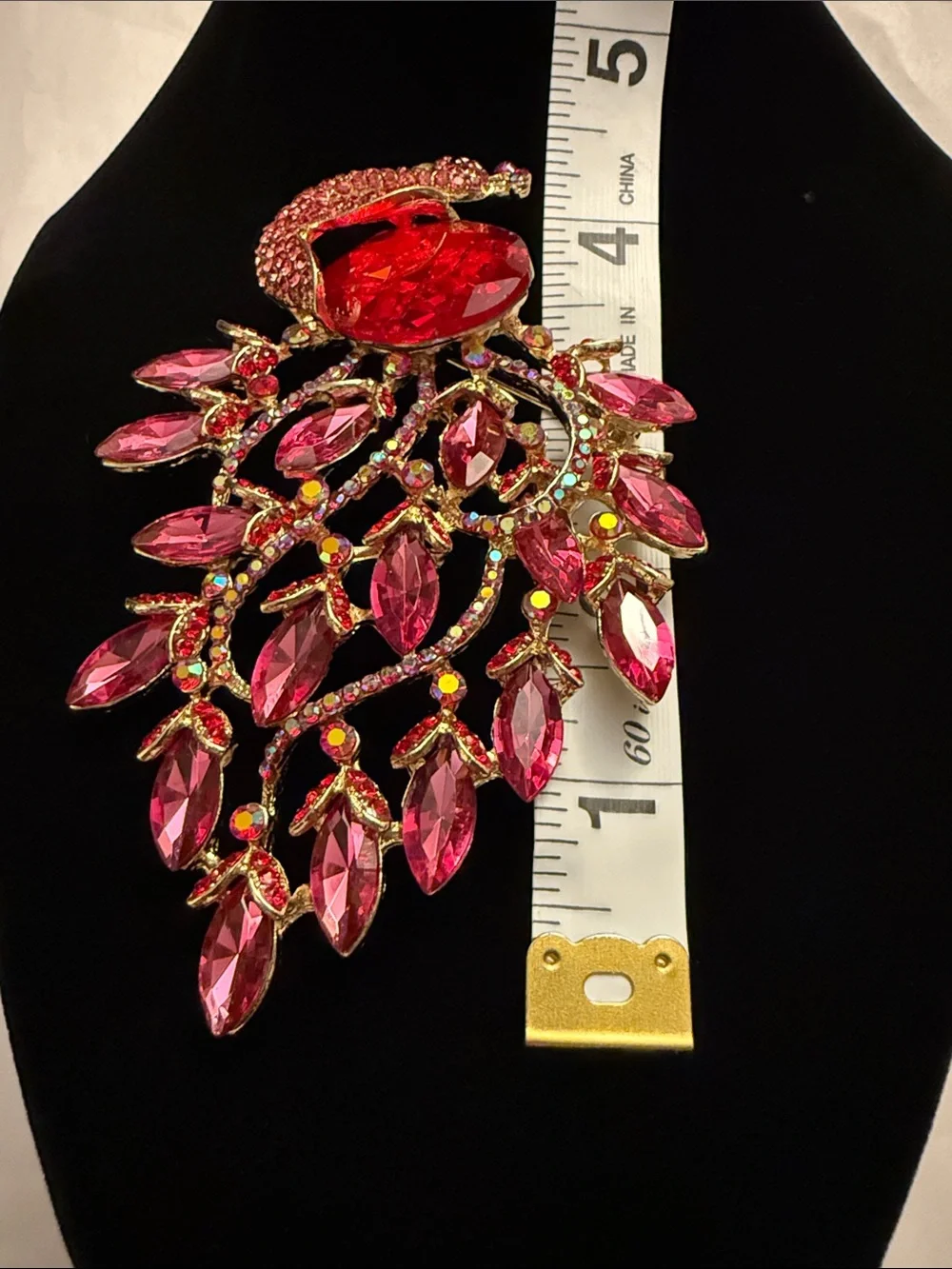 Pink Crystal Peacock Brooch - iridescent Red & Pink Statement occasion brooch